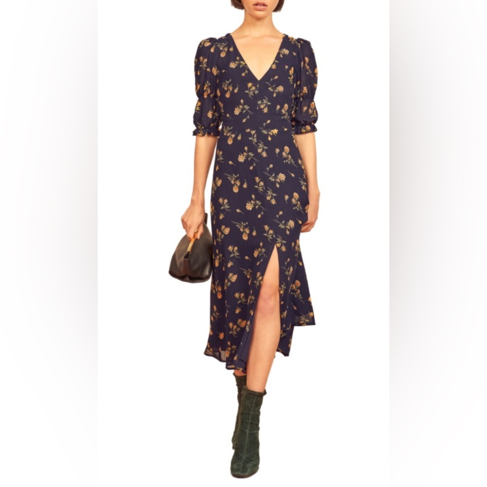 Reformation Navy Floral Midi Dress